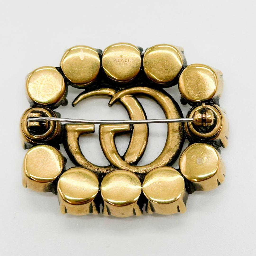 GUCCI　グッチ　ブローチ　ダブルG　クリスタル　ラインストーン　メタル　GG