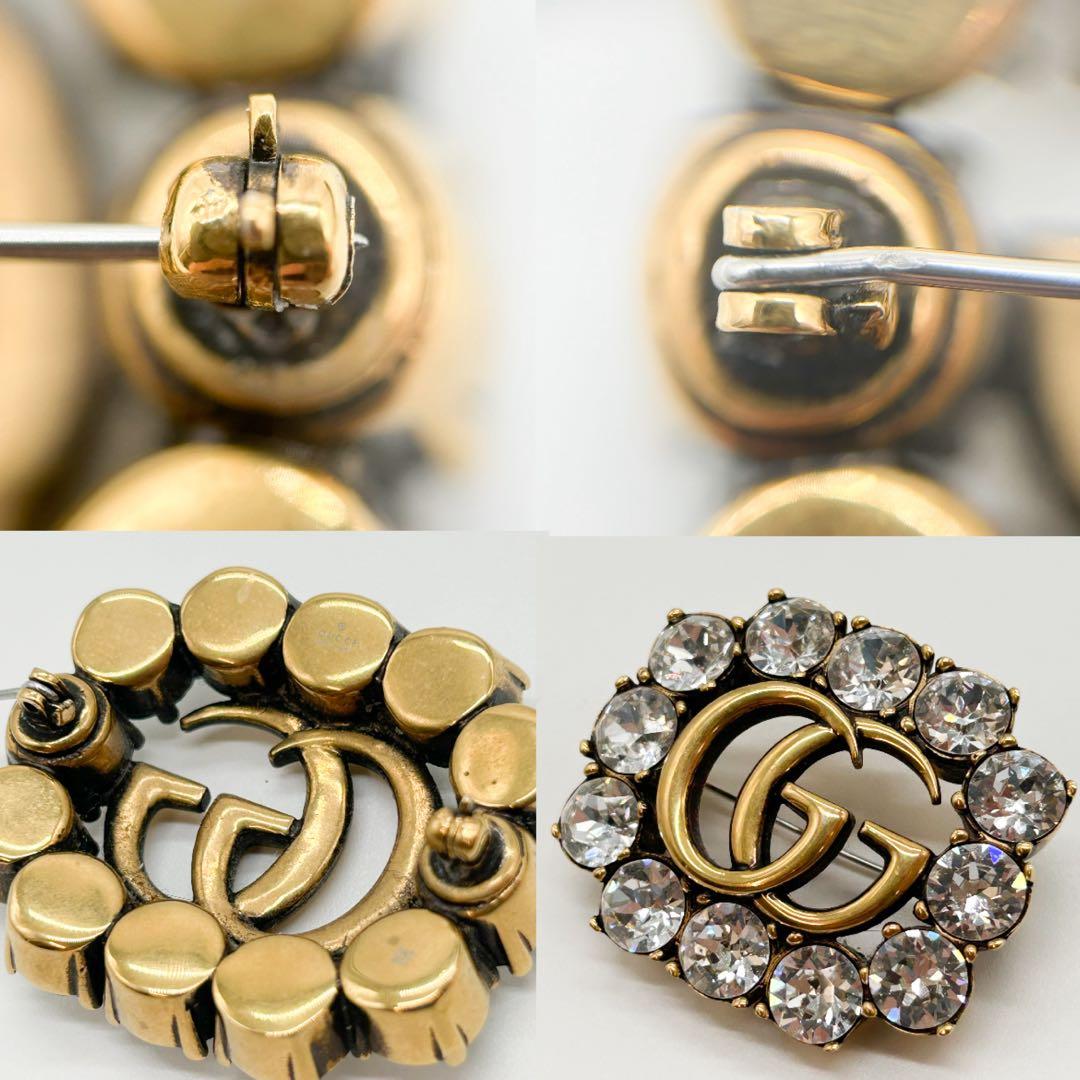 GUCCI　グッチ　ブローチ　ダブルG　クリスタル　ラインストーン　メタル　GG
