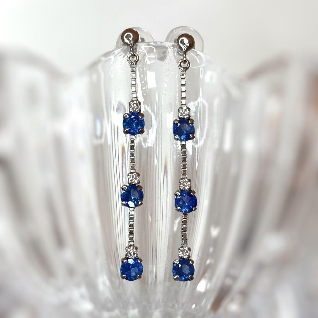 天然ブルーサファイア ダイヤモンド ロングピアス 計0.74ct PT900