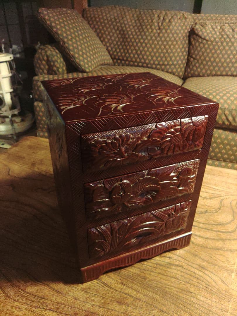 未使用　日光彫　軽井沢彫　小箪笥　引き出し　3段　伝統工芸　希少　デッドストック