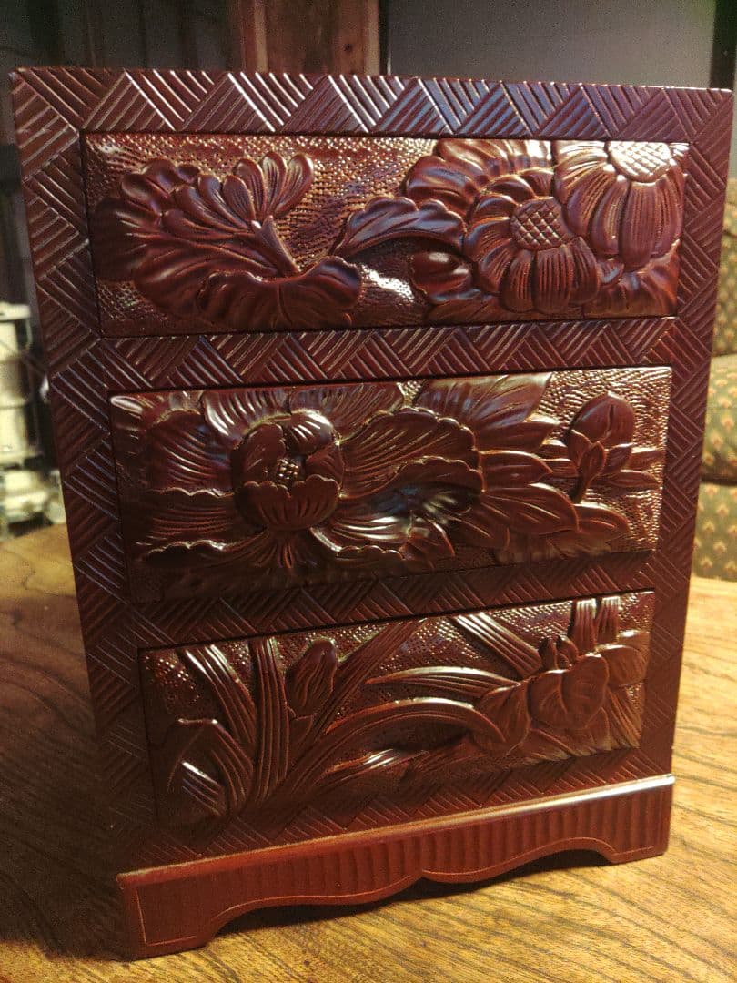 未使用　日光彫　軽井沢彫　小箪笥　引き出し　3段　伝統工芸　希少　デッドストック
