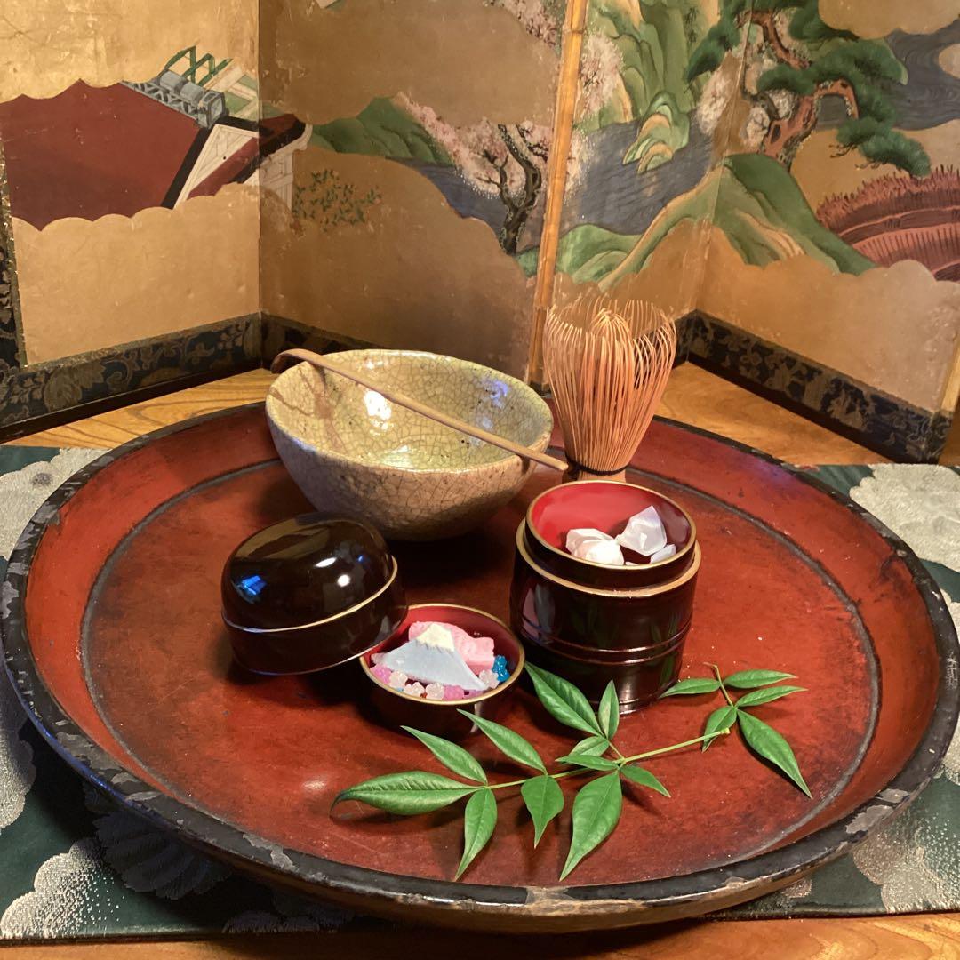 A1025 木製漆器　溜塗　　時代　化粧道具　菓子器　小物入（大、小）セット