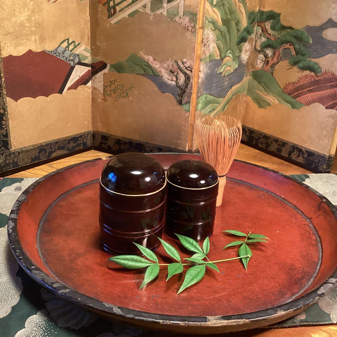 A1025 木製漆器　溜塗　　時代　化粧道具　菓子器　小物入（大、小）セット