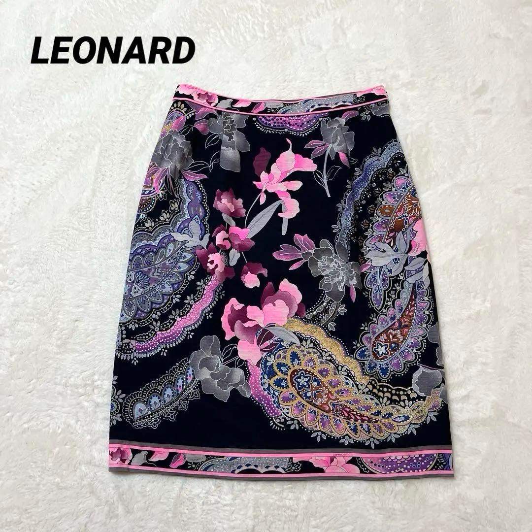レオナール スカート ウールシルク 花柄 ペイズリー ひざ丈 76 黒ピンク