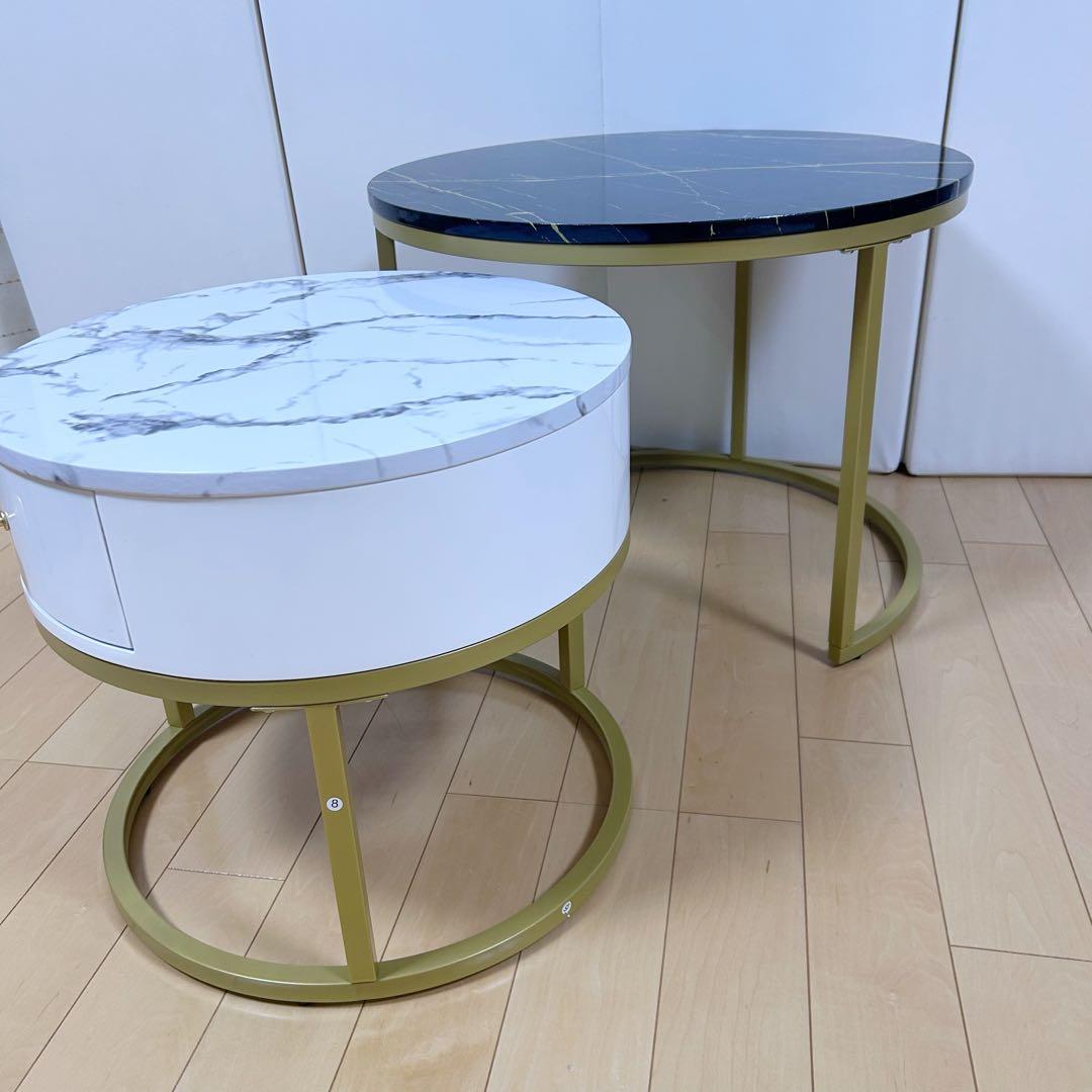 ネストテーブル サイドテーブル ナイトテーブル　丸 引出付き 収納　大理石調