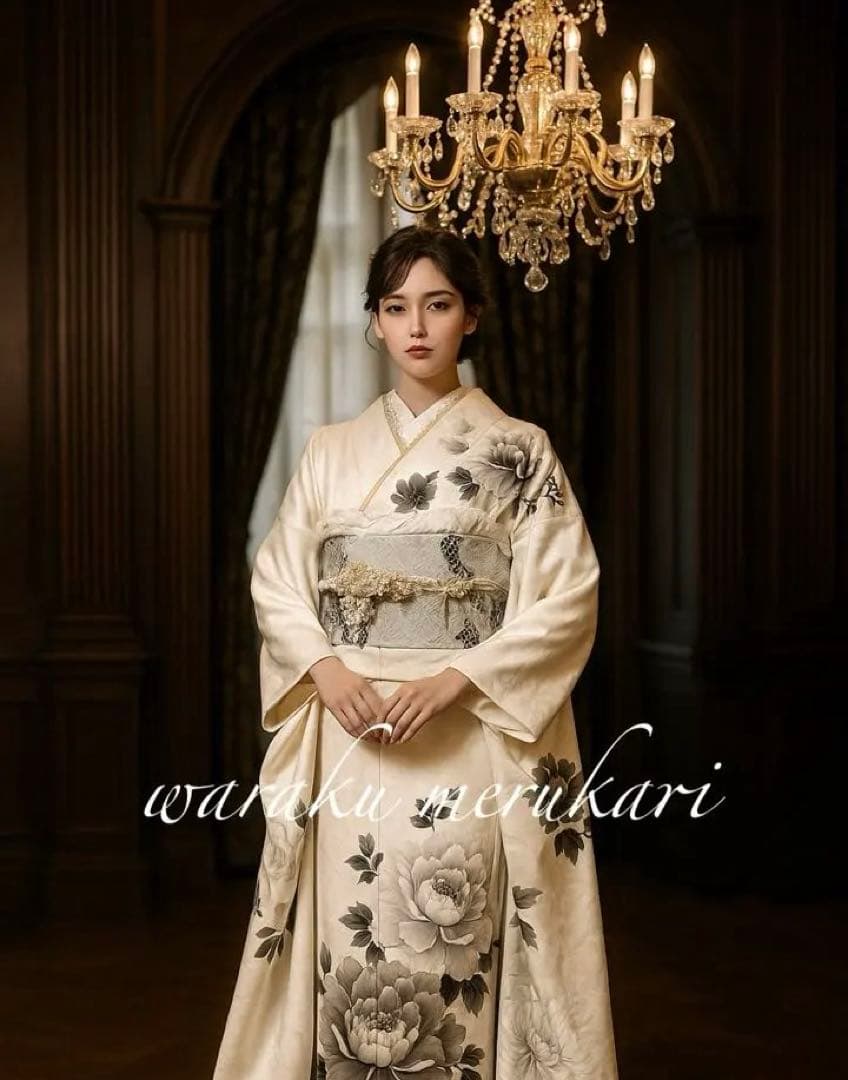 ◾️くすみ白地振袖一式、牡丹菊紋、フルオーダー、成人式フルセット