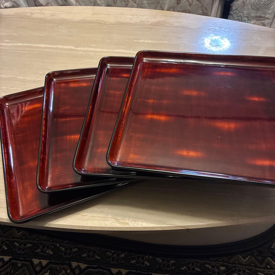 漆器製 赤色 長方形 膳 4枚セット