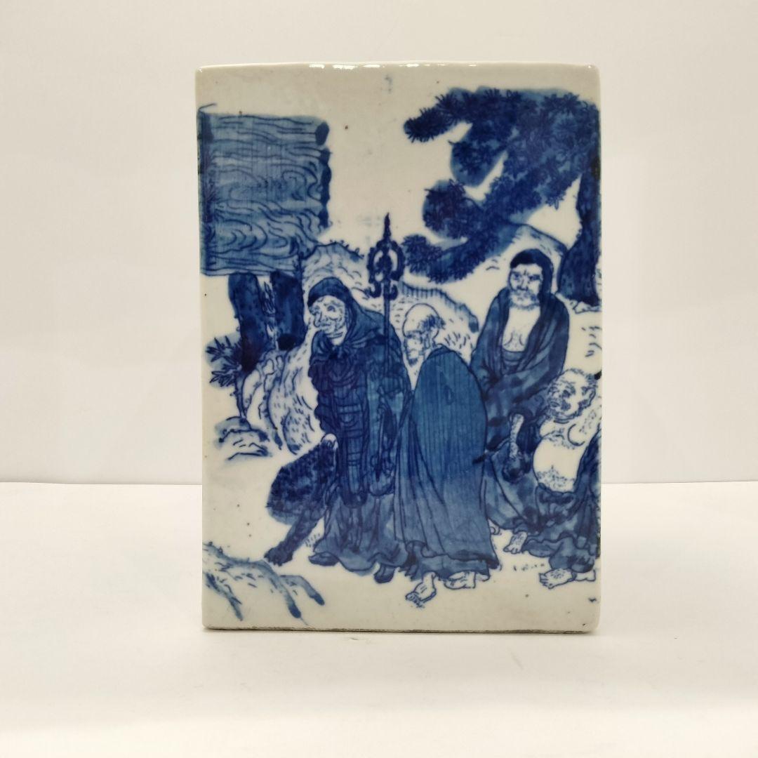 W318-2 清朝 古染付 在銘 大清康照年製 角鉢 筆筒 賢人山水図　E