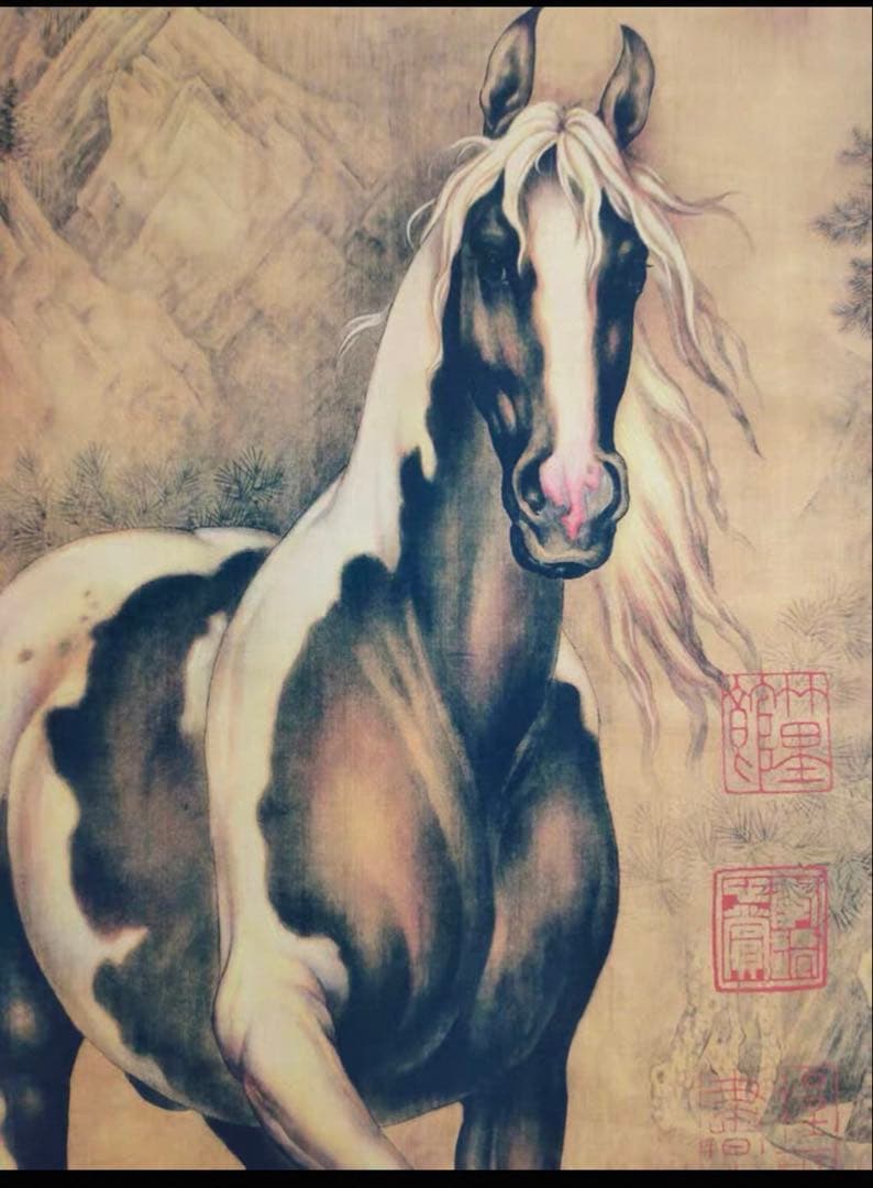 【中堂画】郎世寧 駿馬図 掛軸　宣紙／鑑賞用複製作品　証書付き