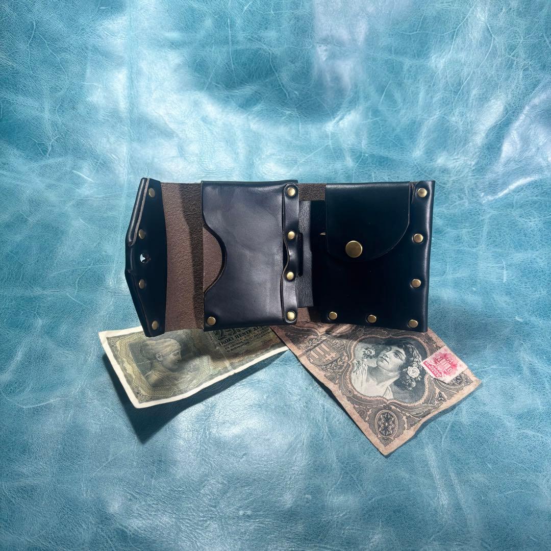 コンパクト　革　財布　クロムエクセル　レザー　黒色　ギボシ　真鍮　ハンドメイド