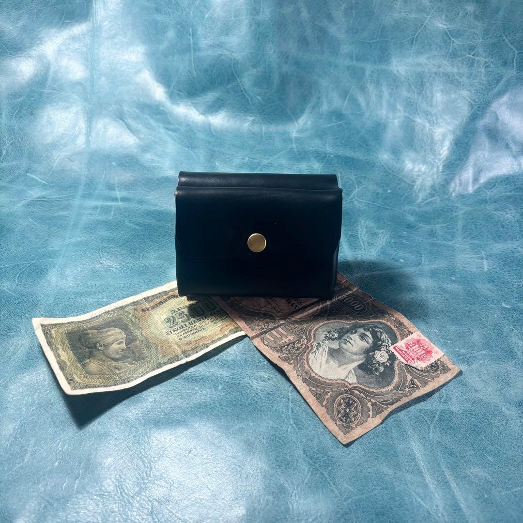 コンパクト　革　財布　クロムエクセル　レザー　黒色　ギボシ　真鍮　ハンドメイド