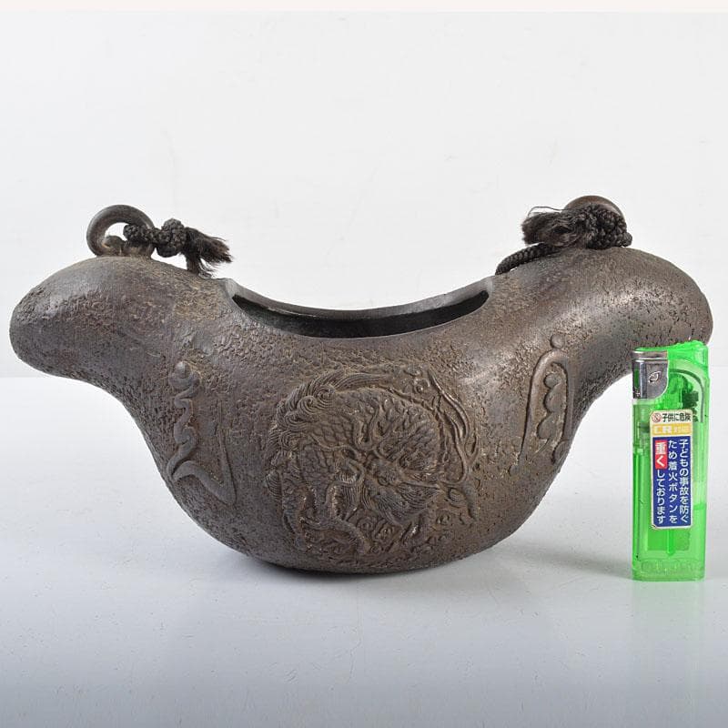 古銅宣徳銅　漢詩神獣刻　掛花生　掛香炉　G　R4338