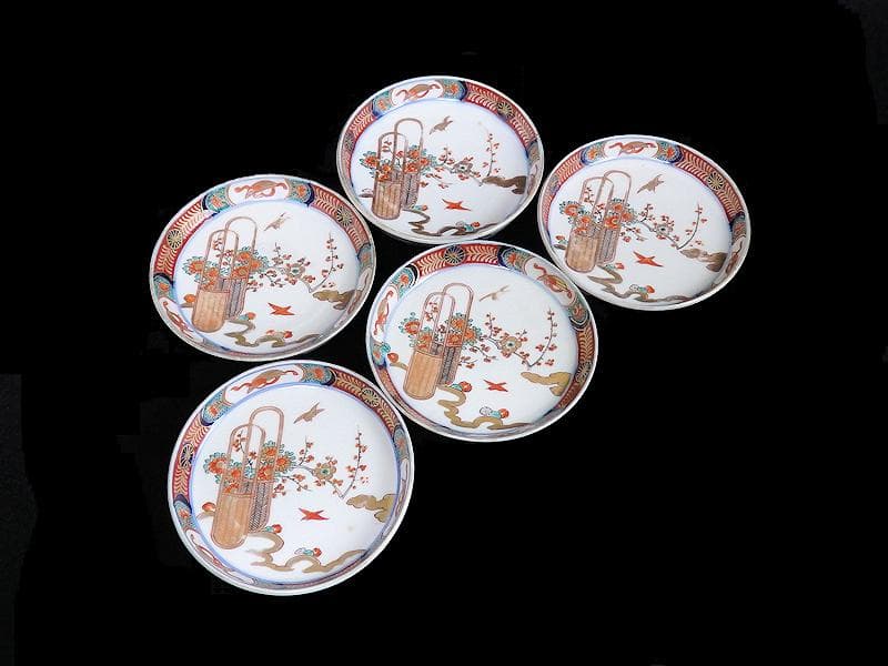 古伊万里　金襴手　花鳥紋に花籠の図　縁高４寸皿　５枚　E128AS-BUy