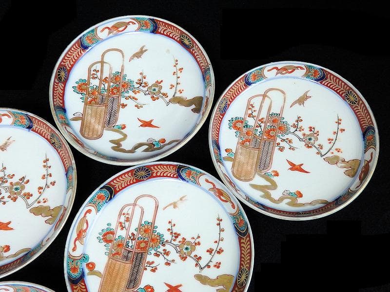 古伊万里　金襴手　花鳥紋に花籠の図　縁高４寸皿　５枚　E128AS-BUy