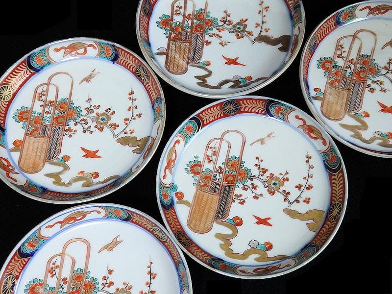 古伊万里　金襴手　花鳥紋に花籠の図　縁高４寸皿　５枚　E128AS-BUy