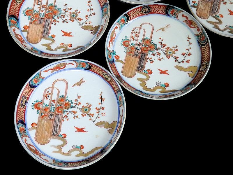 古伊万里　金襴手　花鳥紋に花籠の図　縁高４寸皿　５枚　E128AS-BUy