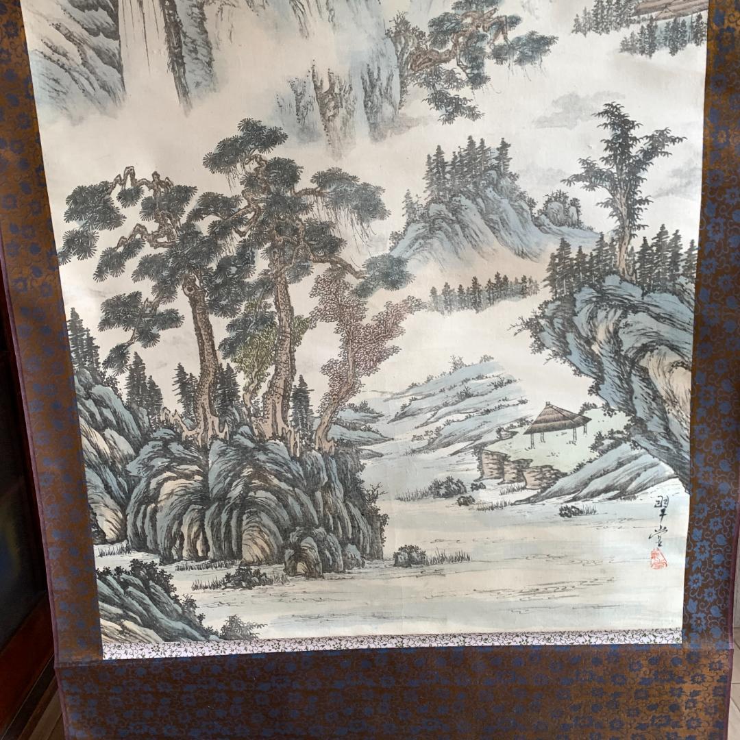 田中翠堂「彩山水」大幅掛軸 　掛け軸 絹本 山水図 掛軸