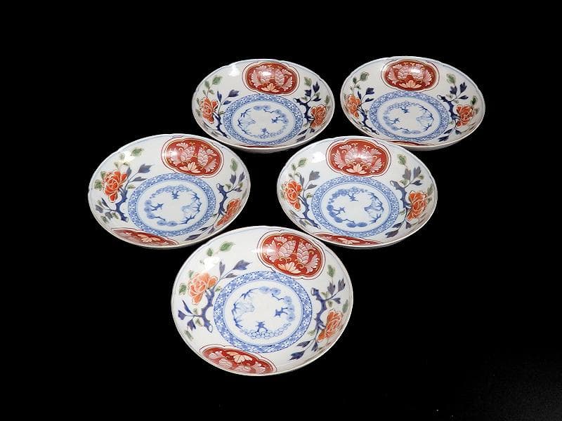 大聖寺伊万里　金襴手　牡丹に松竹梅の図　６寸皿　５枚　B269AS-BGi