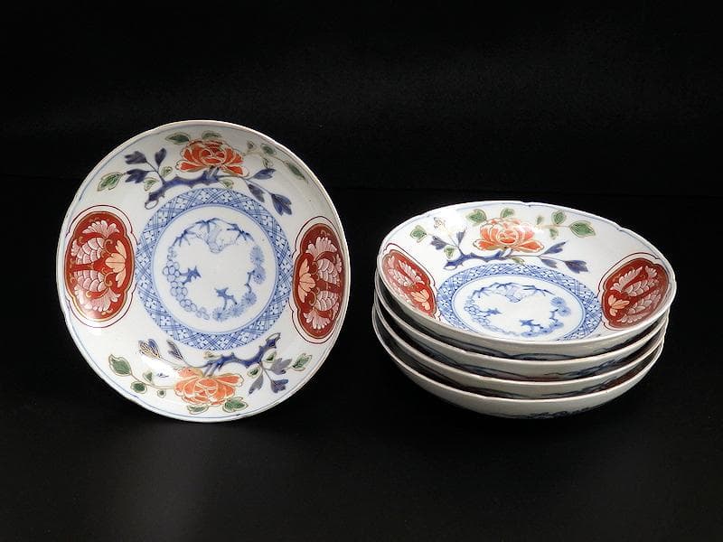 大聖寺伊万里　金襴手　牡丹に松竹梅の図　６寸皿　５枚　B269AS-BGi