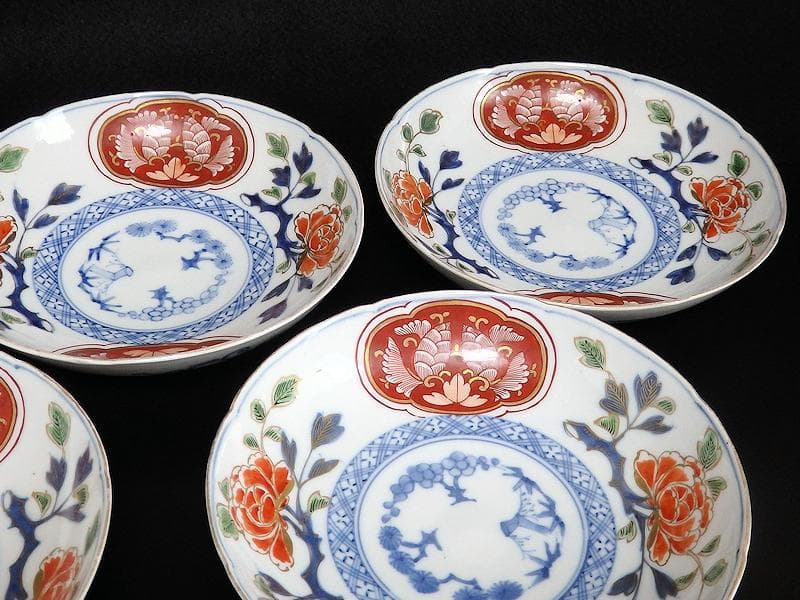 大聖寺伊万里　金襴手　牡丹に松竹梅の図　６寸皿　５枚　B269AS-BGi