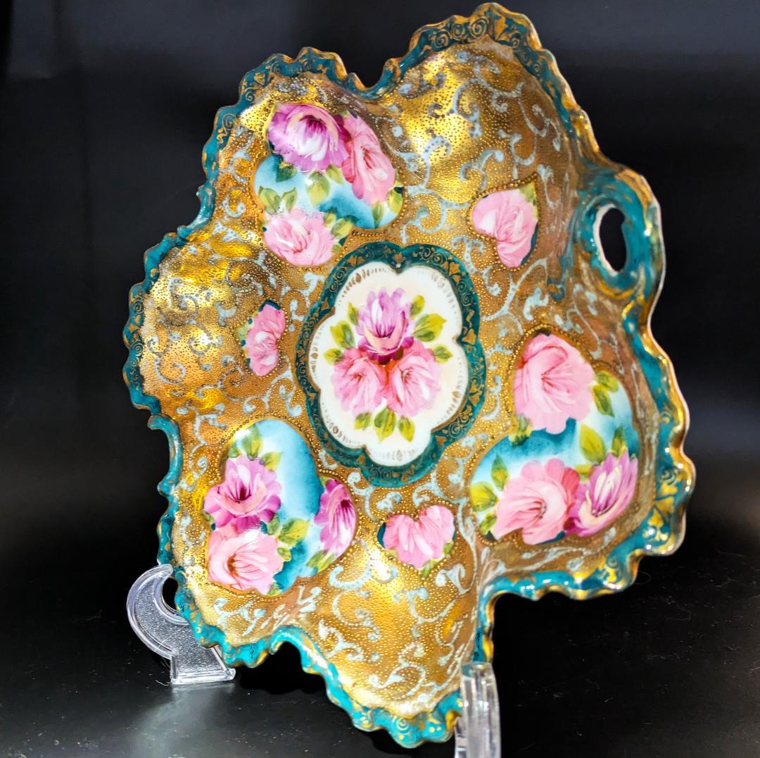 迫力のヘキサグラム★大皿★里帰り★金彩金盛上薔薇紋様持手六芒星大皿 25㎝