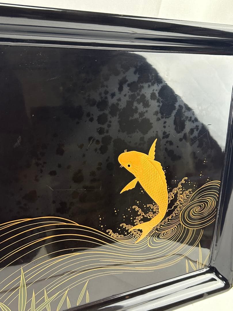 輪島塗 脚付き御膳 10枚揃 鯉蒔絵 黒塗 木箱付　古漆器