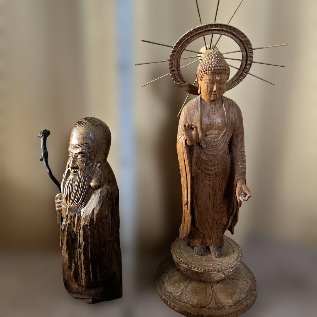 木彫り仏像 光背付き 北山上信 七福神 2体セット