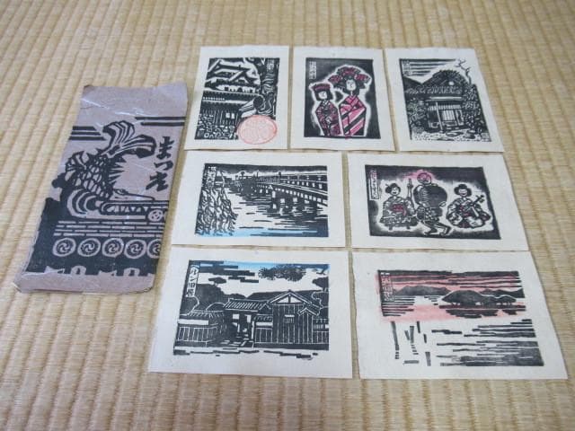 ◆美品 大正時代 紙袋付◆島根県出雲地方 和紙製『松江』7枚1組 木版画 絵葉書