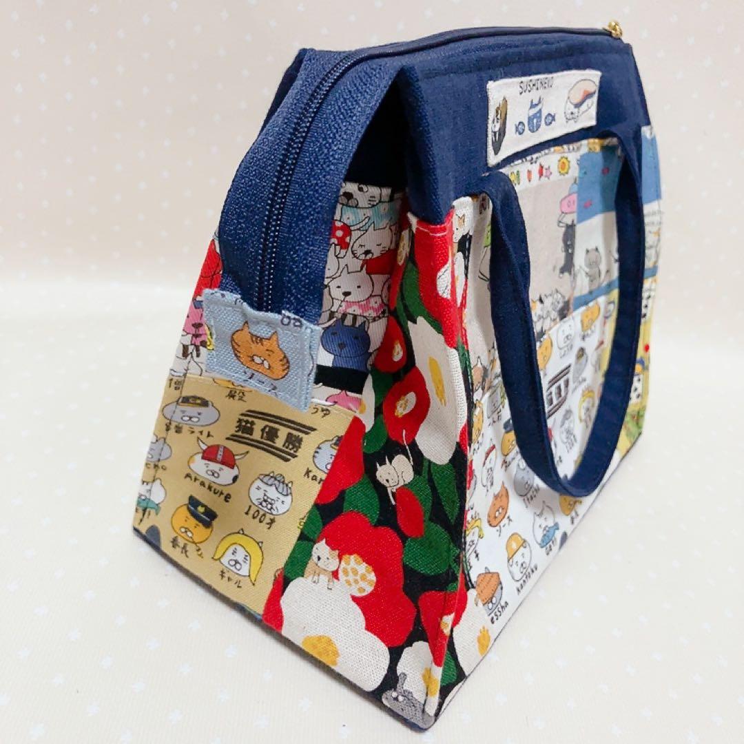 チャッピー。 テントポーチ パッチワーク猫生地 巾着付きトートバッグ