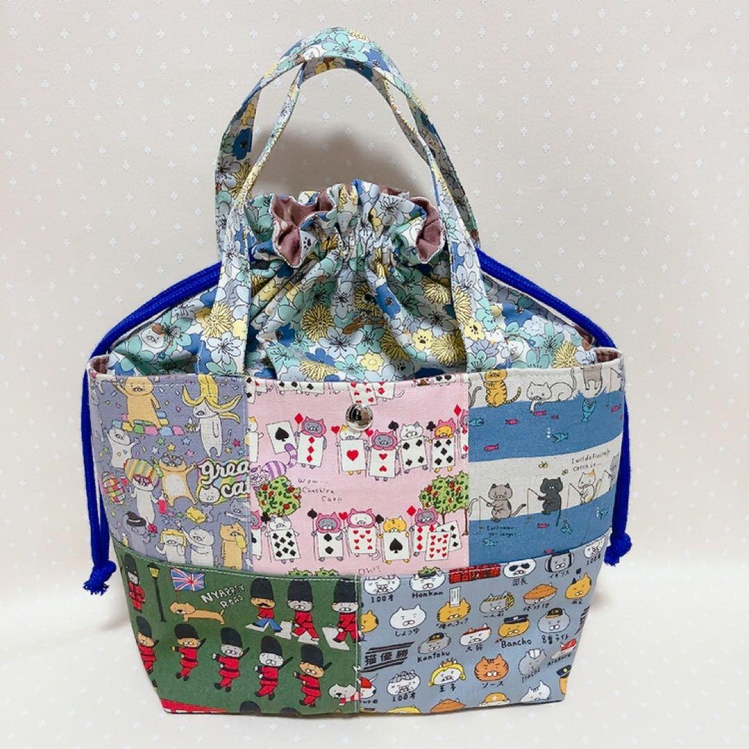 チャッピー。 テントポーチ パッチワーク猫生地 巾着付きトートバッグ