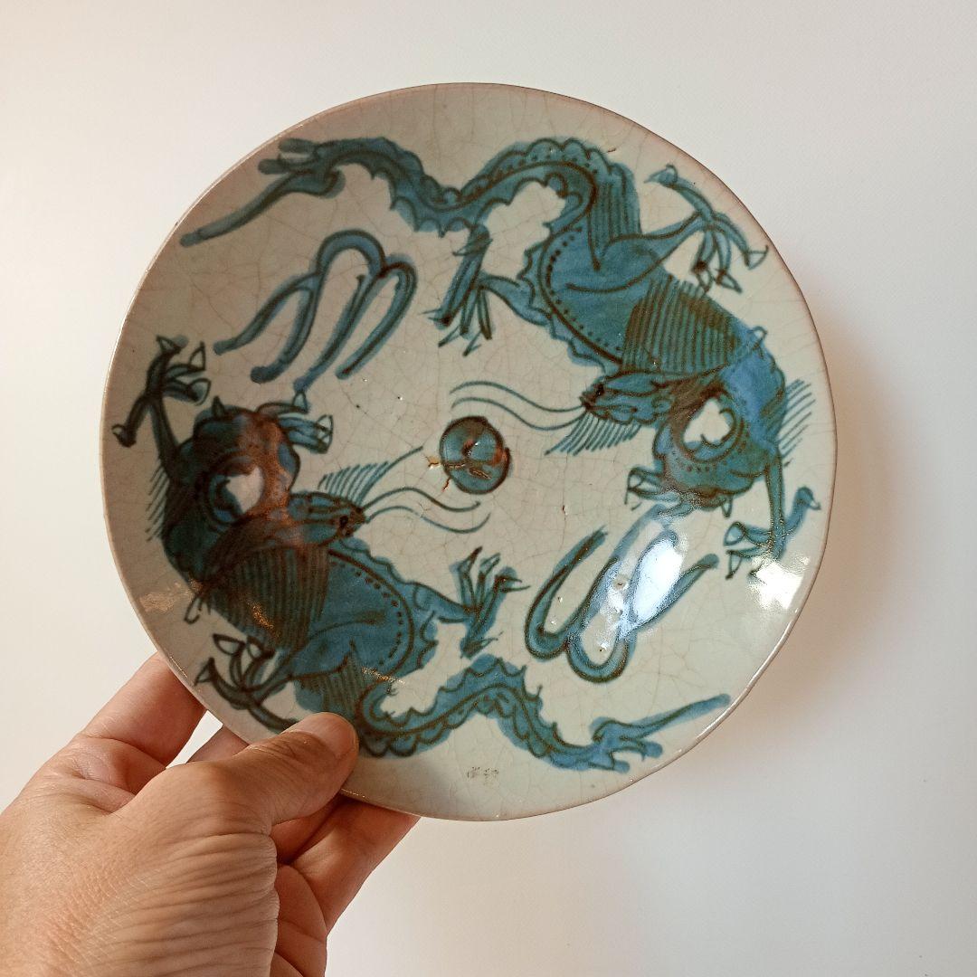 中国古美術品 古染付皿 双龍戯珠文