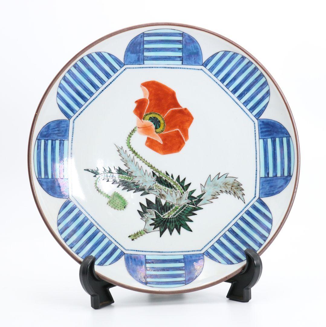 梶本太衛作 色絵芥子の図 飾皿 大皿 共箱　V188　1F14