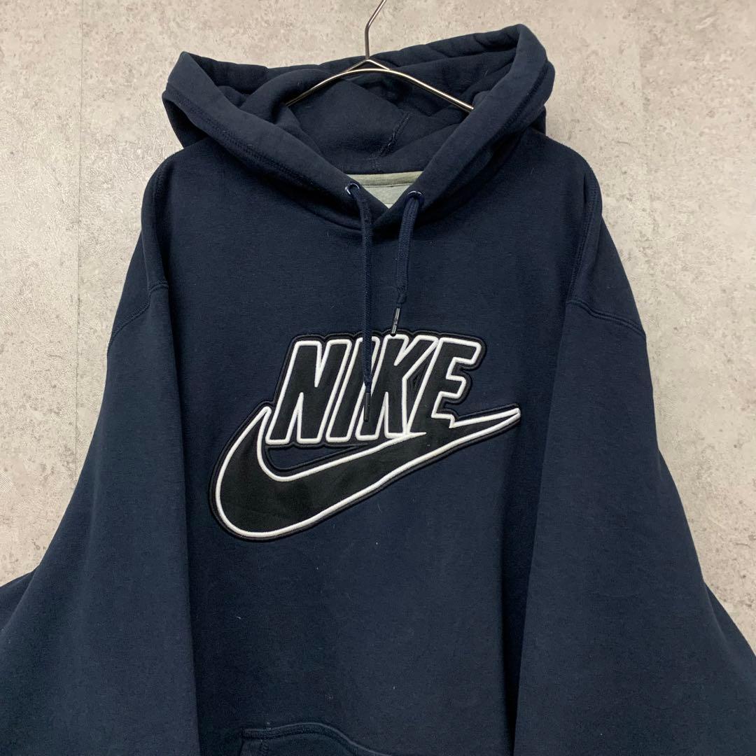 【レア3XL☆US輸入】ナイキ スウッシュロゴ刺繍スウェットパーカー ネイビー