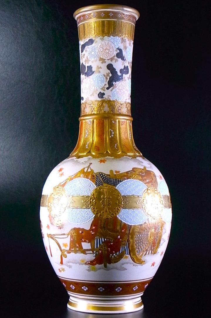 【 E842 】 明治期本筋薩摩焼　超細密盛上金彩絵付御所車文大型花瓶　鑑定書付