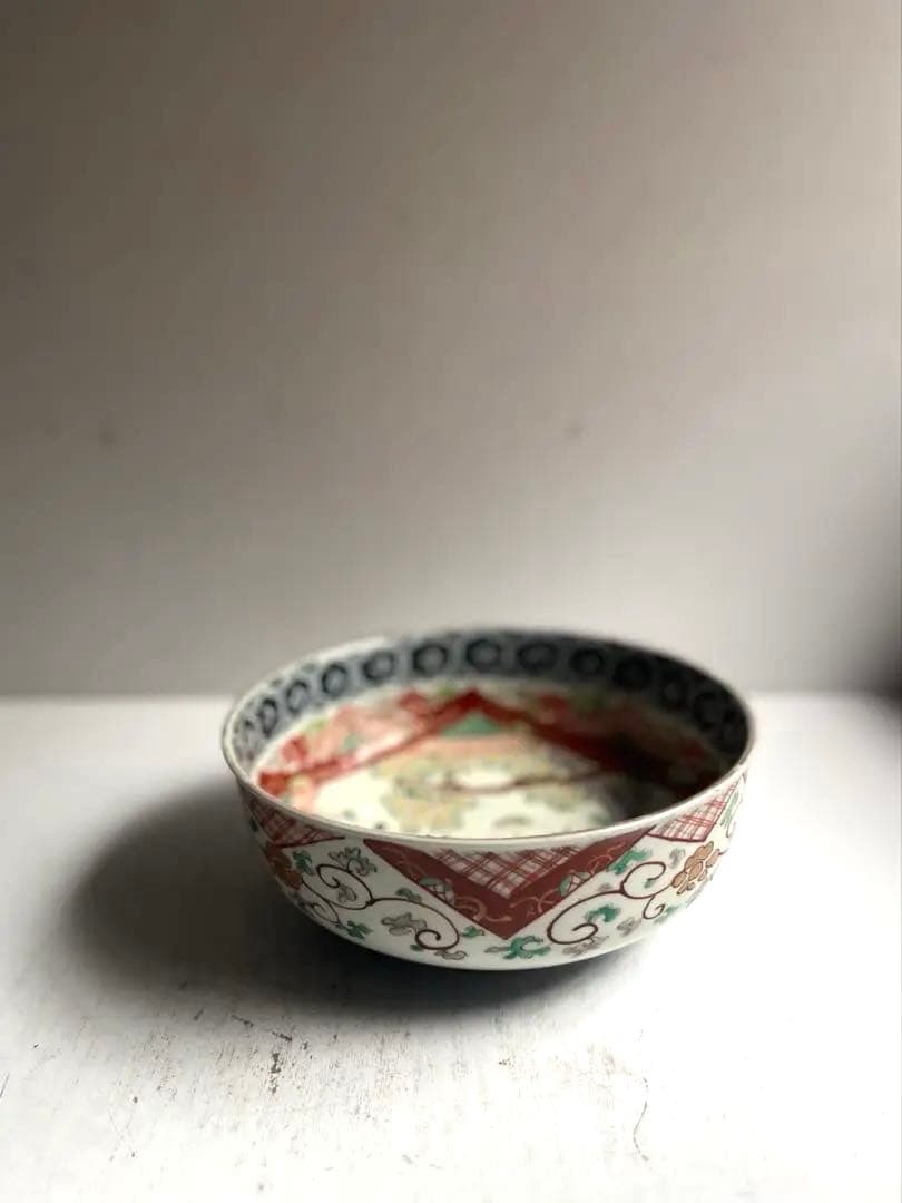 518 骨董 アンティーク 古伊万里 染付 豪華 色絵金彩花鳥図7寸鉢 幕末