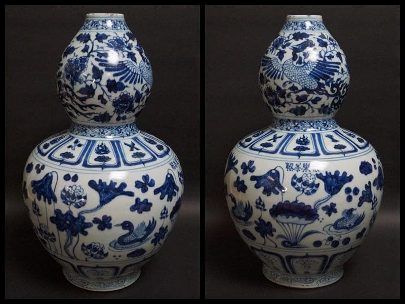 永楽年製在銘 青花染付『鳳凰蓮祥瑞文』瓢箪形大型壺迫力のある壺虫食いアンティーク