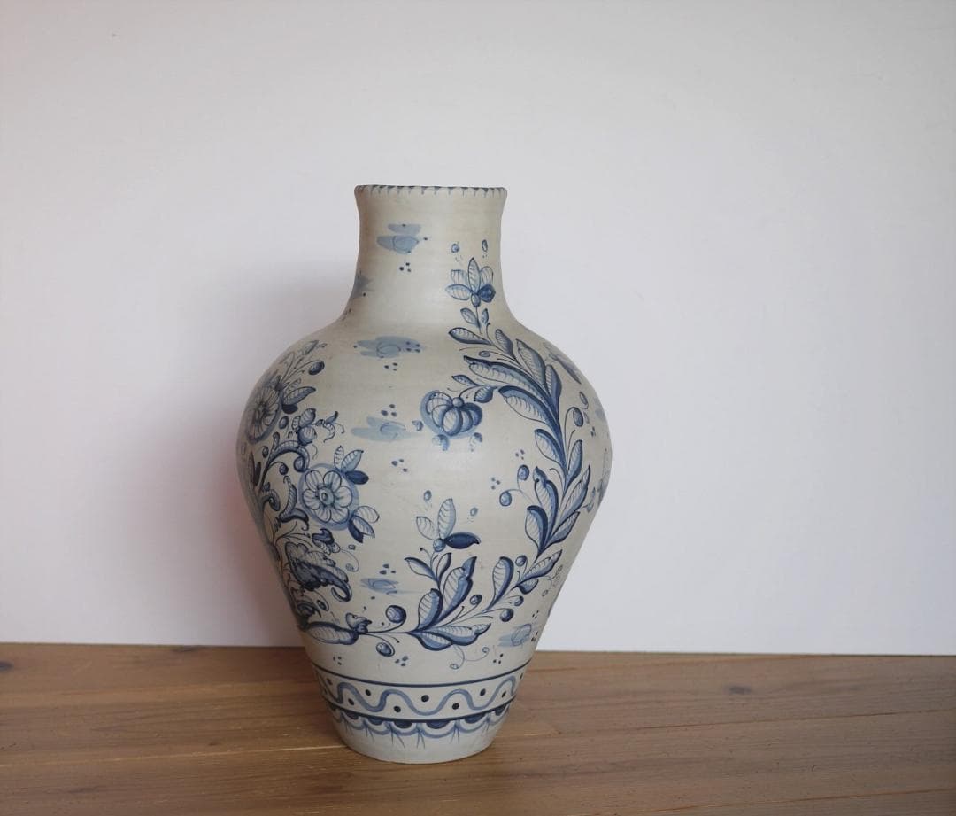 タラベラ焼　陶器花瓶　スペイン　デルフトブルー　マジョリカ　アラベスク花唐草