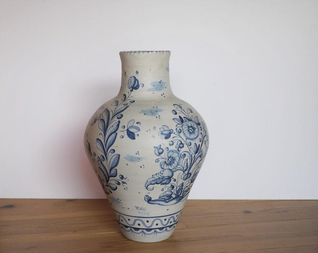 タラベラ焼　陶器花瓶　スペイン　デルフトブルー　マジョリカ　アラベスク花唐草