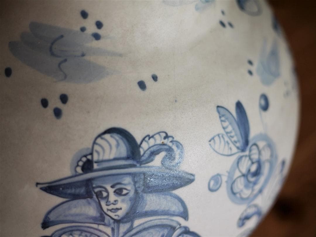 タラベラ焼　陶器花瓶　スペイン　デルフトブルー　マジョリカ　アラベスク花唐草