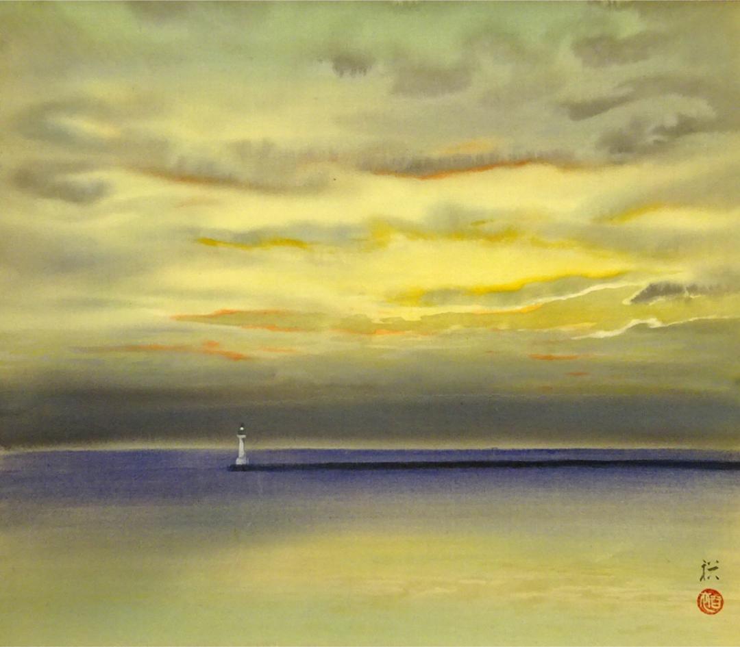 【真作】掛軸 水島裕『旭日 灯台図』絹本 肉筆 共箱付 掛け軸 a07305