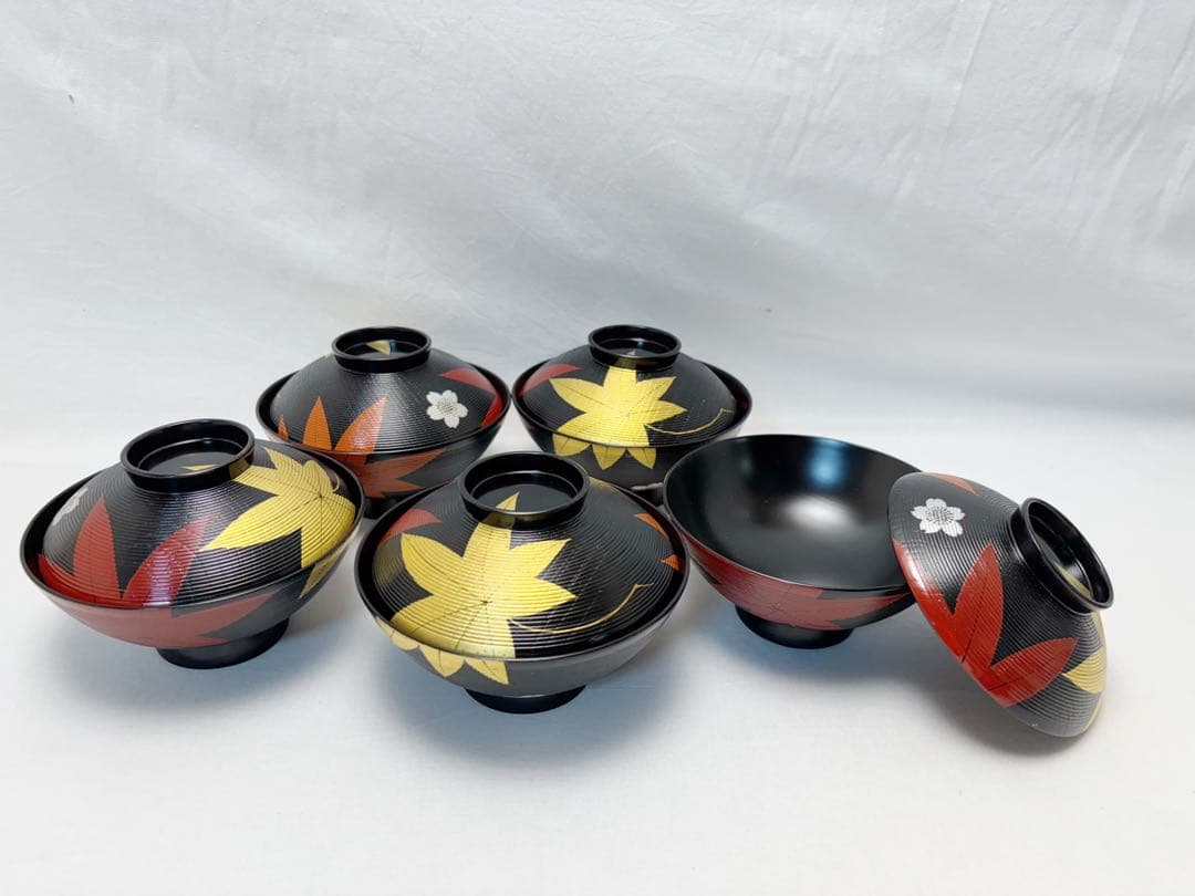 ほぼ未使用 懐石道具 木製漆器 千筋 金彩もみじ蒔絵 吸物椀 5客揃 共箱