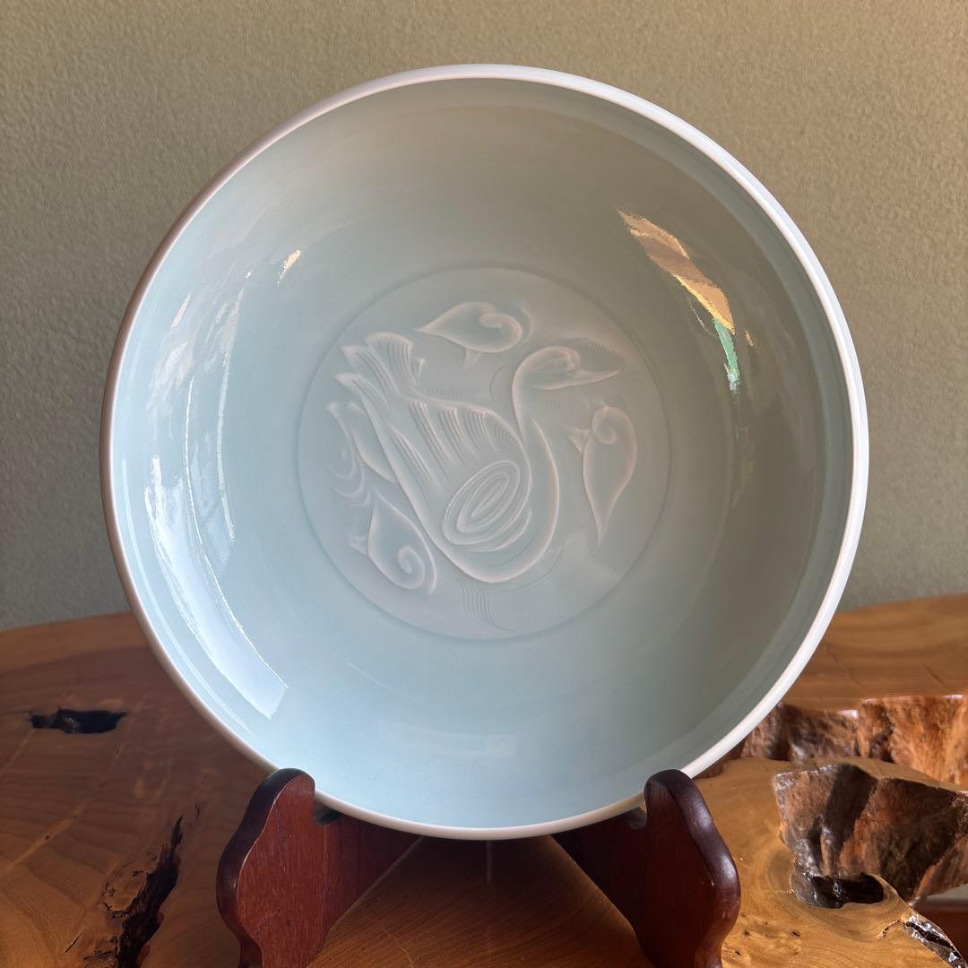 人間国宝 塚本快示 青白磁水鳥文 鉢 共箱