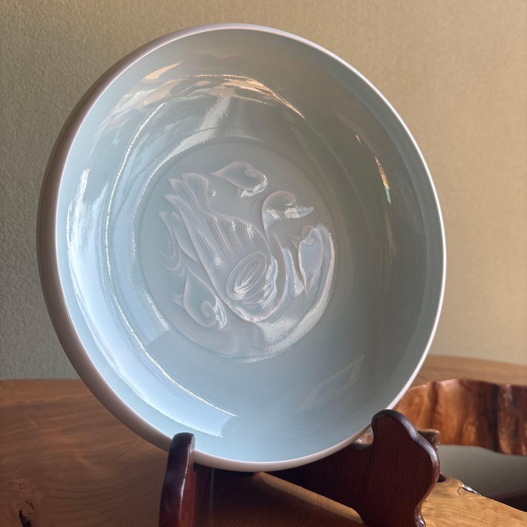 人間国宝 塚本快示 青白磁水鳥文 鉢 共箱