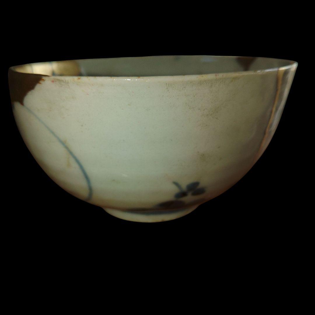 1750年～1770年代　古伊万里　雪輪草花文染付碗　金継　骨董品　見込蛇目秞剥