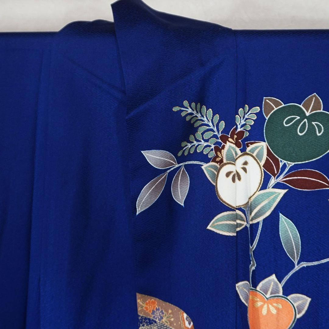 長じゅばん付き　正絹振袖　青　金彩友禅柄　165cm　a129