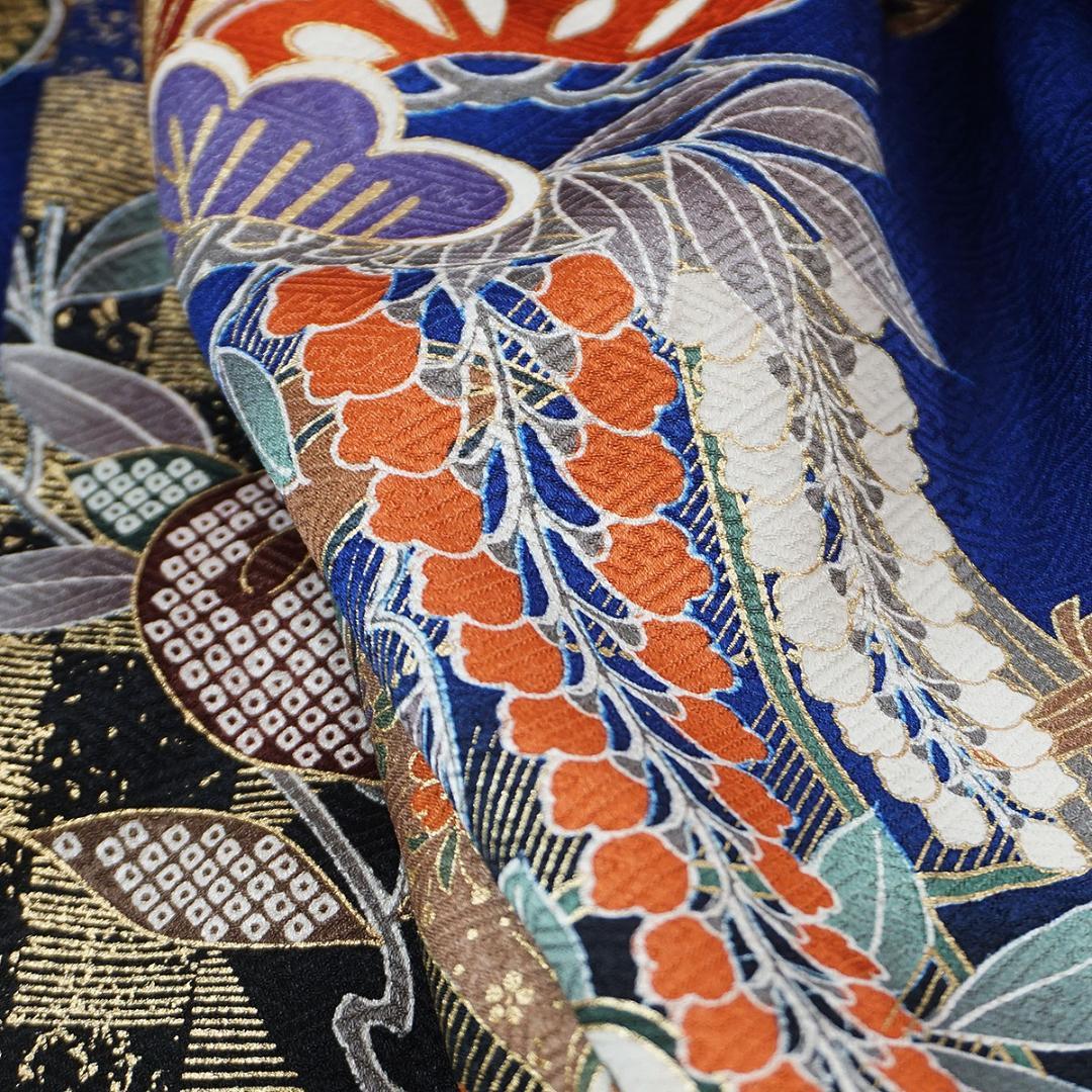 長じゅばん付き　正絹振袖　青　金彩友禅柄　165cm　a129