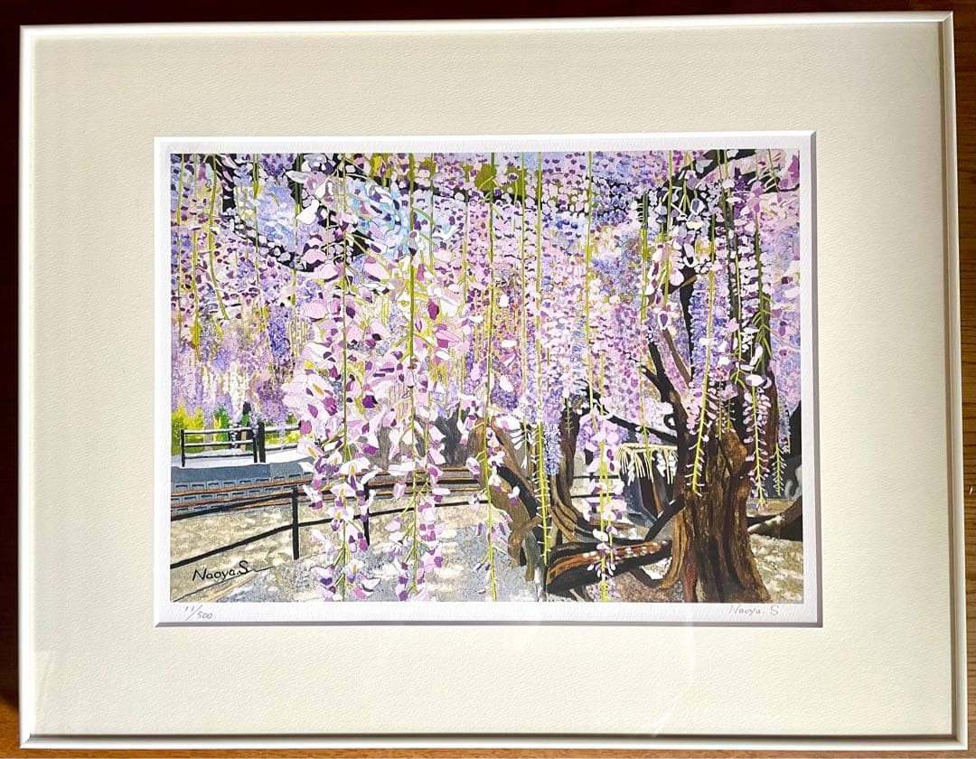 水彩画　ジクレー版画「中山の大藤」（柳川市）