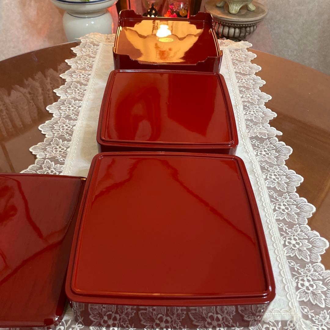 会津塗　うるし塗　天然木　三段重　重箱　未使用　シール付