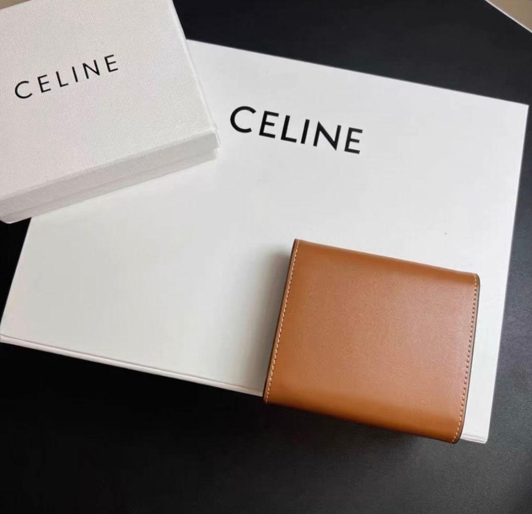 CELINE ロゴ 三つ折り 財布 ブラウン ゴールド金具