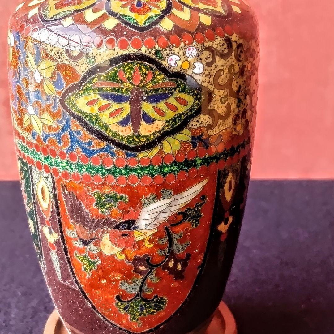 明治〜大正◆アンティーク◆七宝焼◆一輪挿し◆安藤七宝店◆龍朱雀蝶草花紋◆木製台座